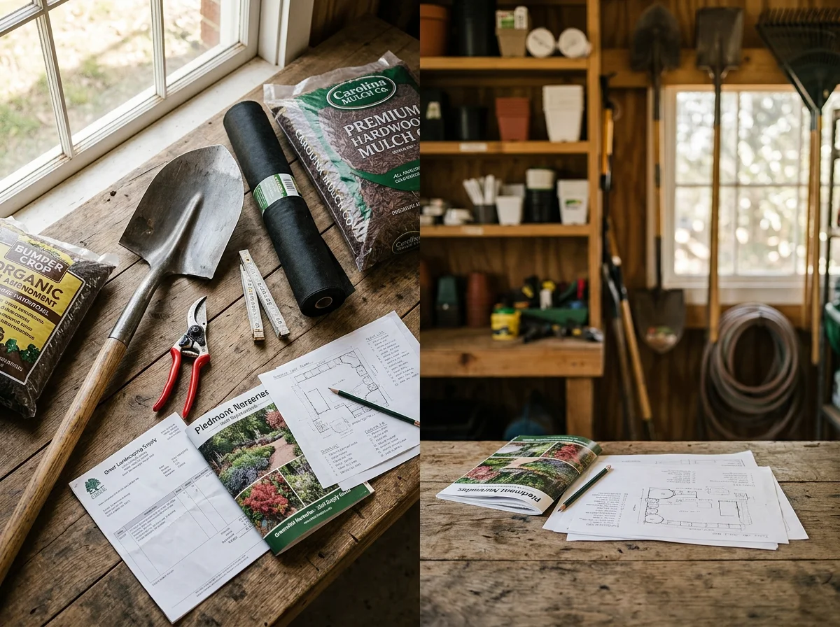 Landscaping tools and materials arranged on a work surface, representing the flower bed design and installation services offered.