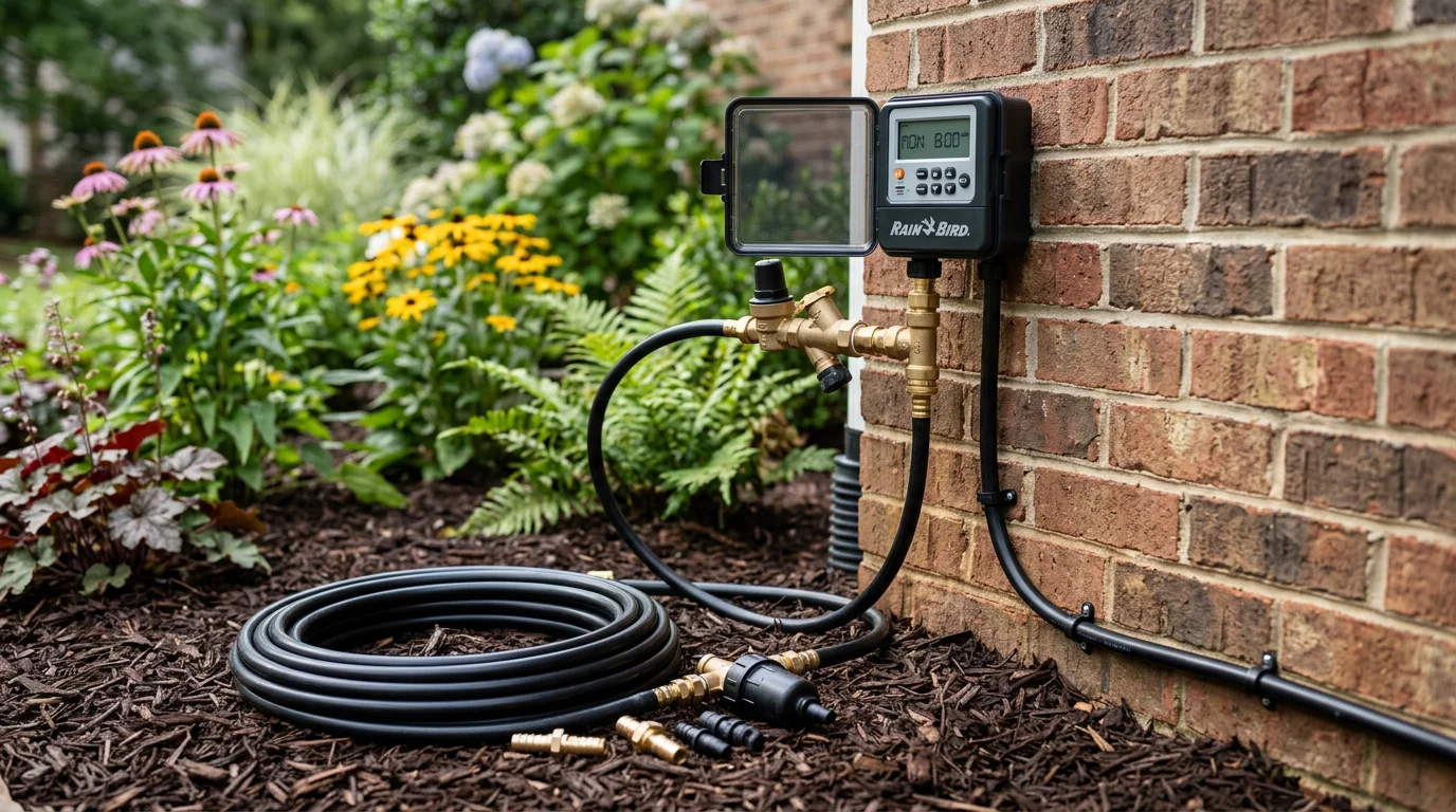 Irrigation system installation in a residential flower bed