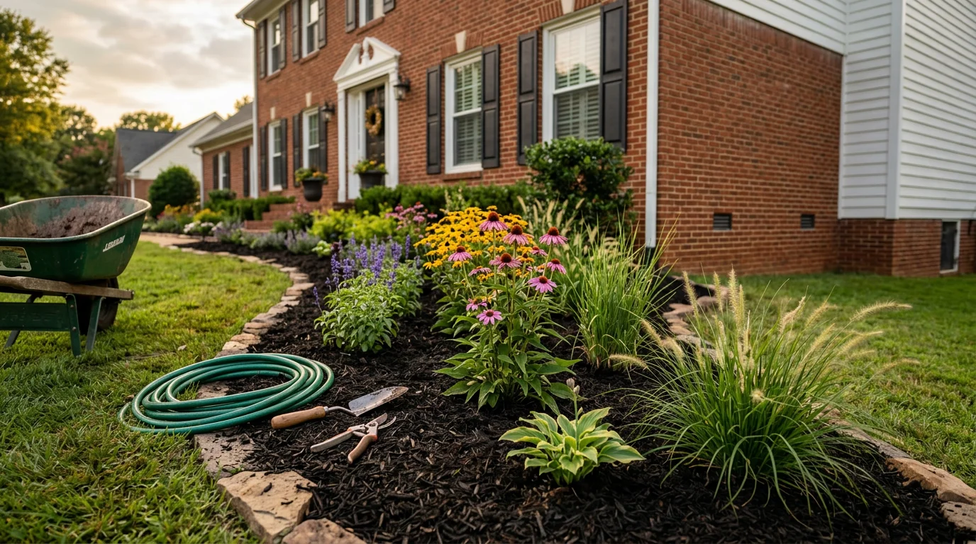 Custom flower bed with seasonal plantings and mulch in a residential landscape
