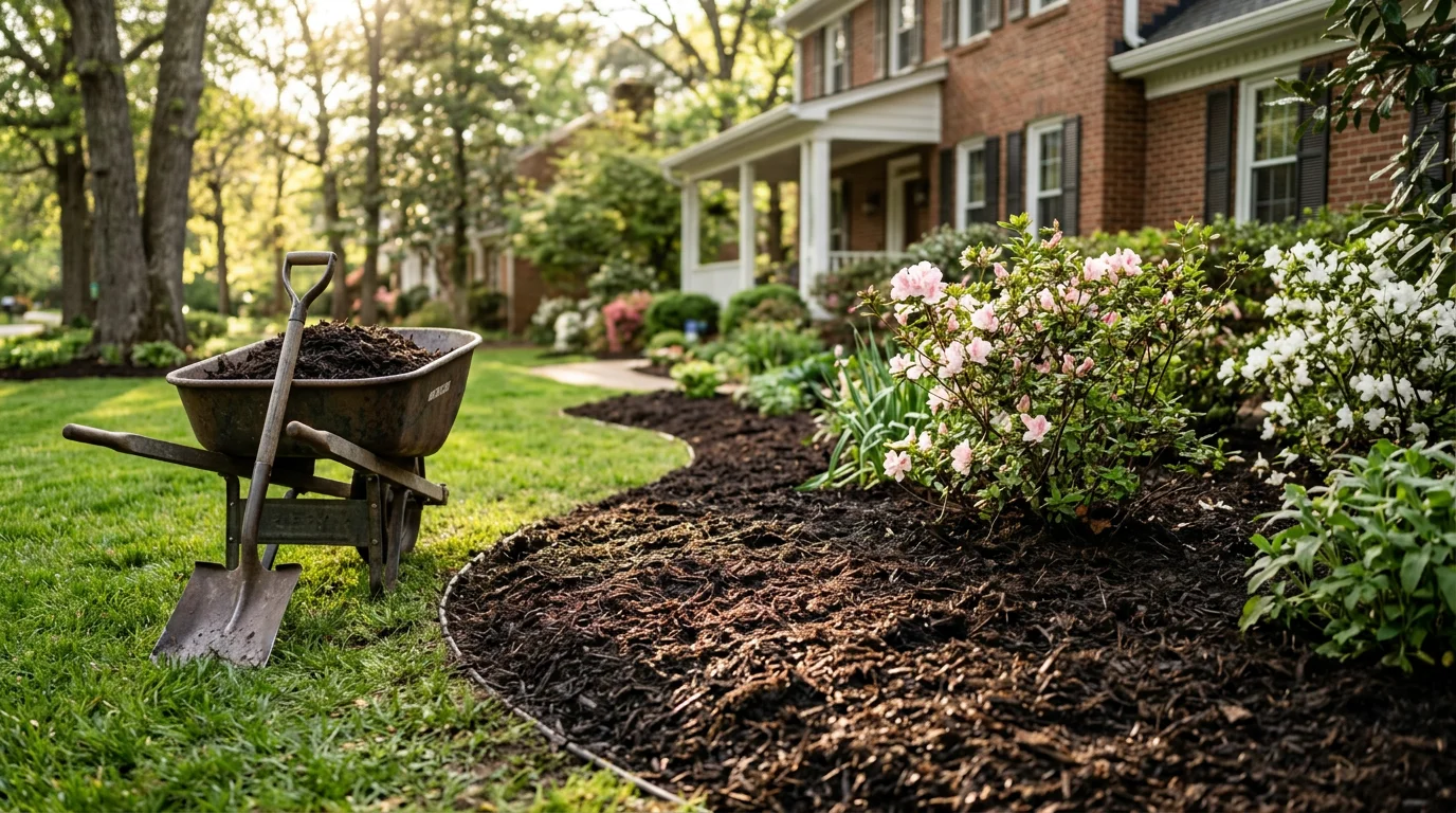 Fresh mulch installed in a residential flower bed