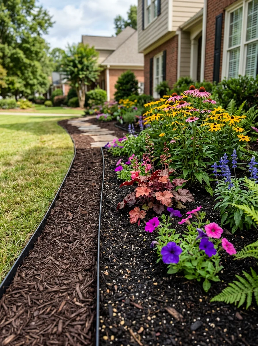 Close-up portrait view of a freshly mulched flower bed with mixed annuals and perennials in a Greenville, SC residential yard, showing amended soil and clean bed borders.