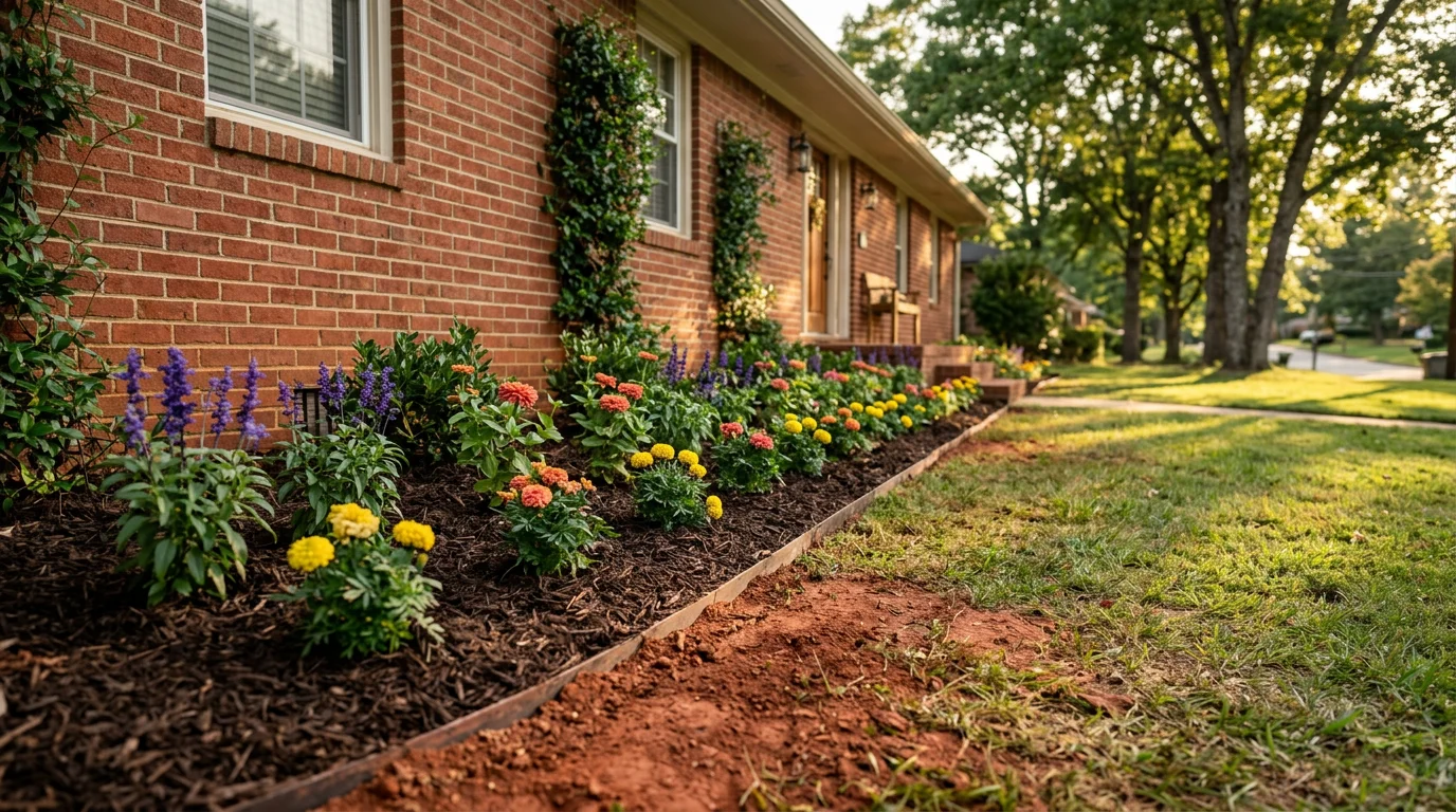 Custom flower beds with seasonal color plantings installed along the front of a brick residential home in Greenville, SC, with red Piedmont clay soil visible in the prepared bed edges.