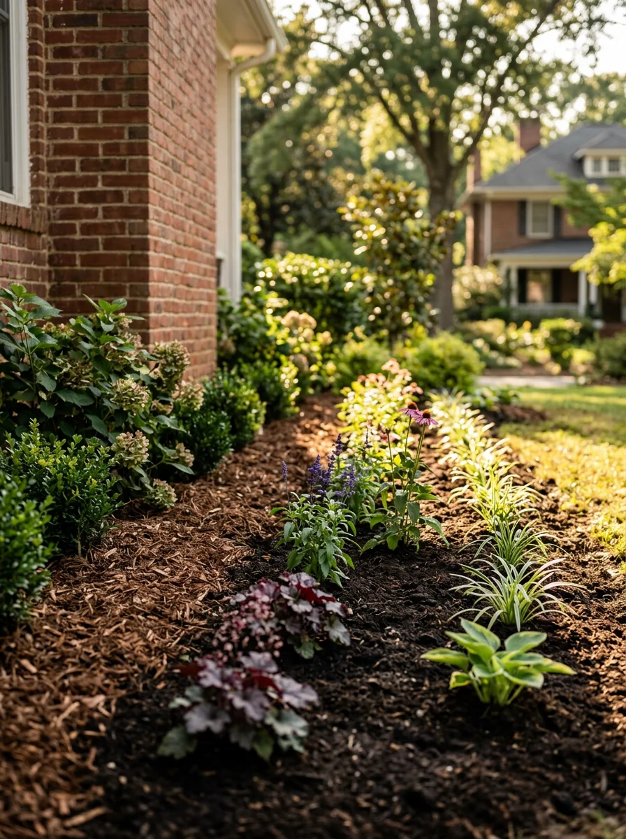 Portrait view of a renovated flower bed in an established Greer, SC neighborhood showing amended soil, fresh mulch, and newly planted perennials along a home's foundation.