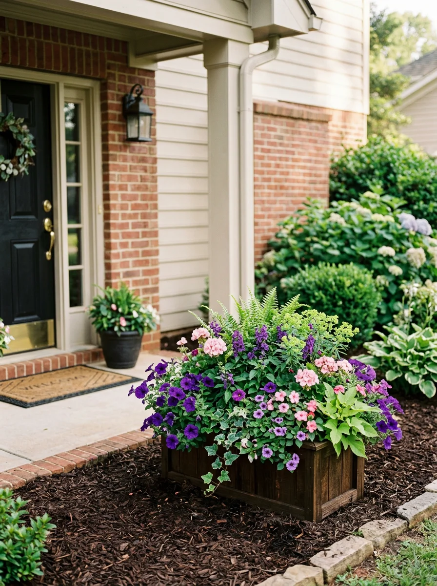 Portrait view of a custom planter filled with seasonal flowers at the entrance of a Mauldin, SC home, positioned near the front door with fresh mulch in the surrounding bed.