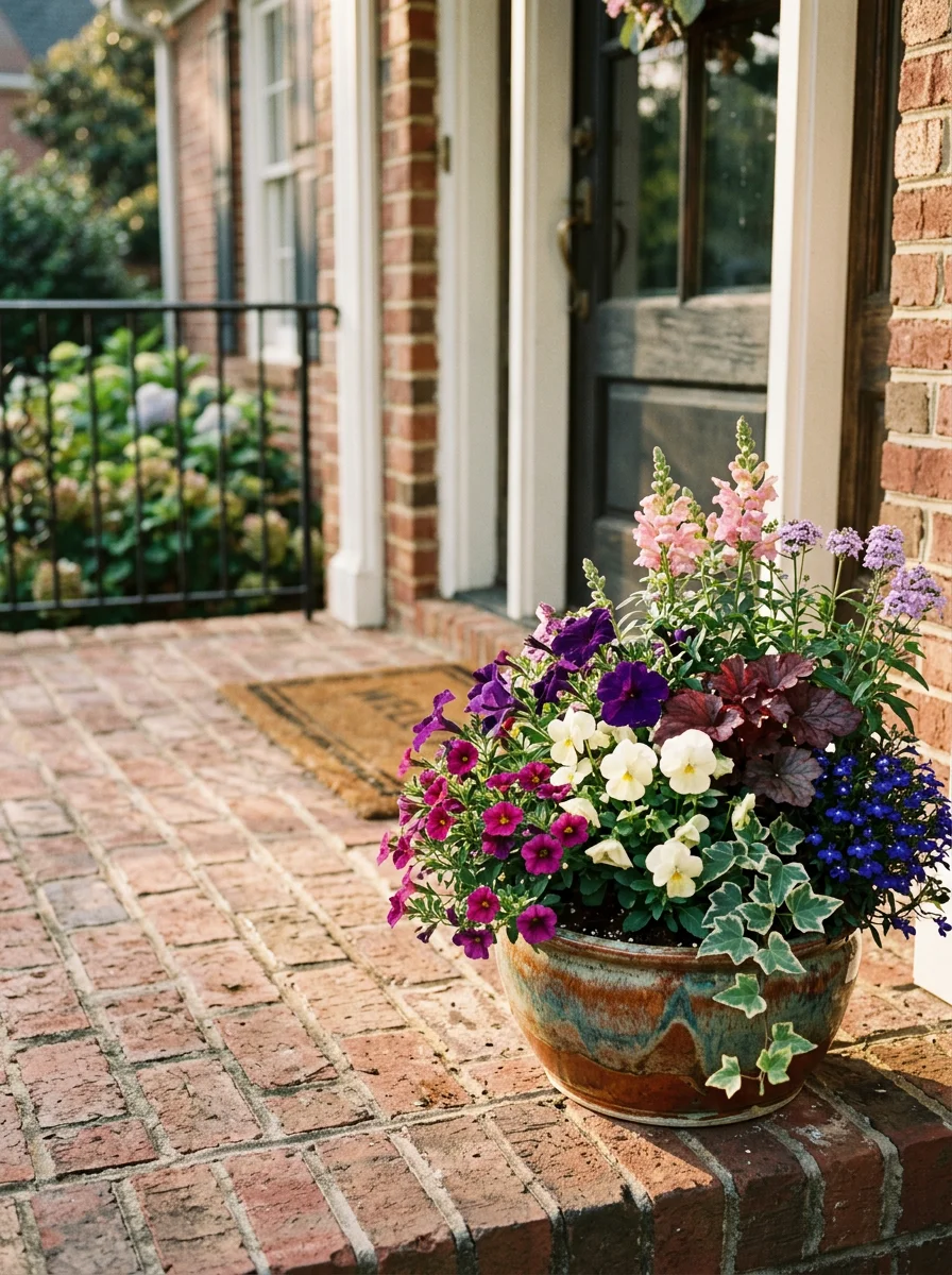 Portrait view of a custom pot and planter arrangement at the entrance of a Simpsonville, SC home, filled with seasonal flowers and positioned on a brick front porch.