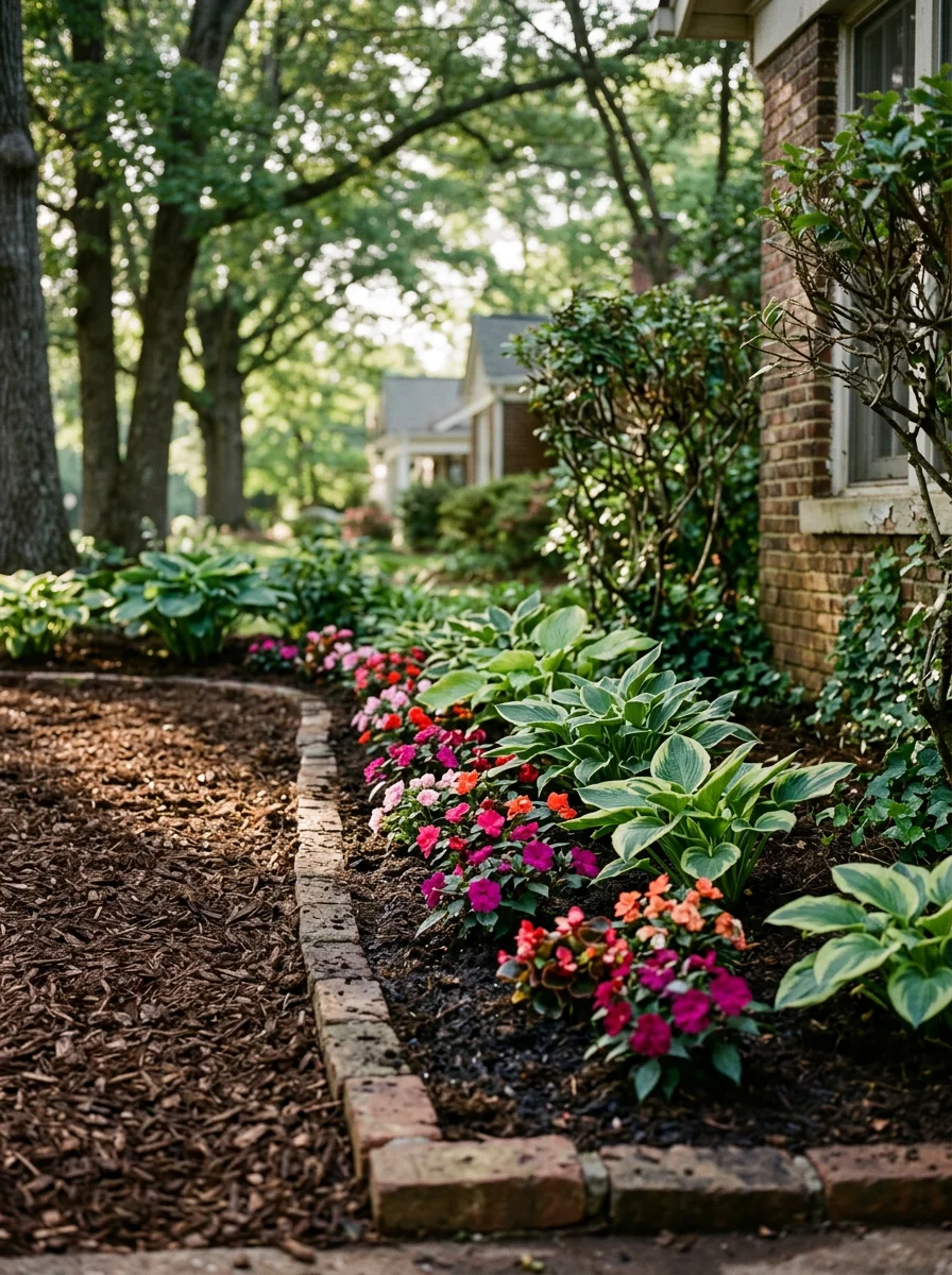 Portrait view of a shaded residential flower bed in a Spartanburg, SC historic neighborhood, planted with shade-tolerant annuals and fresh mulch under a mature tree canopy.