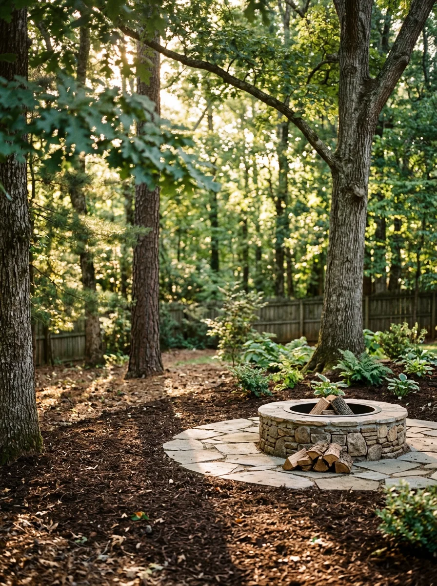Portrait view of a fire pit installation in a Travelers Rest, SC backyard, surrounded by mulched landscaping beds and framed by mature trees on a large residential lot.