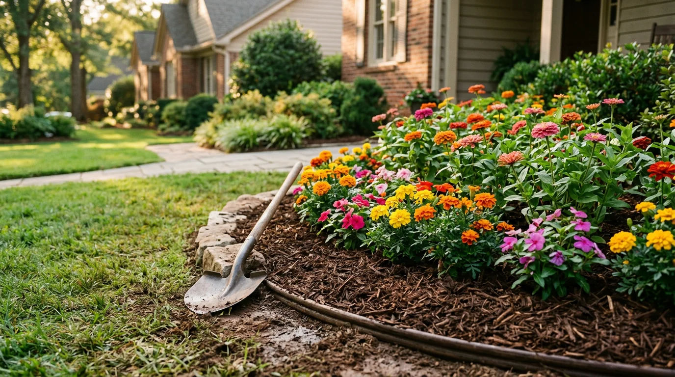 Freshly installed annual flower bed along the front foundation of a Greenville, SC home, featuring colorful seasonal plantings with clean-cut edging and mulched soil. The bed is fully planted and ready for the season, reflecting a completed turn-key installation by Felicity's Flowers Landscape Design & Installation.