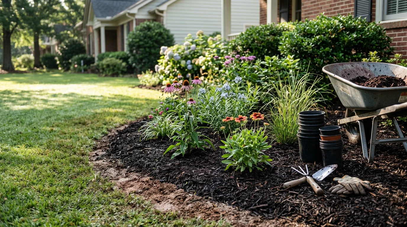 Freshly delivered flower bed plants staged in a residential driveway in Greenville, SC, with grouped containers of annuals and perennials ready for installation. Red clay soil is visible at the edge of a prepared front-yard bed alongside the home's foundation.