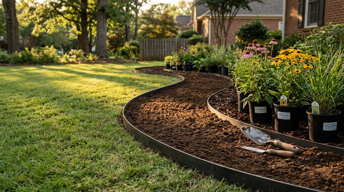 Freshly installed residential flower bed along the front of a Greenville, SC home, featuring layered plantings with clean-cut edging and mulched soil. The bed runs the length of the home's facade with plants selected for the Upstate South Carolina climate.