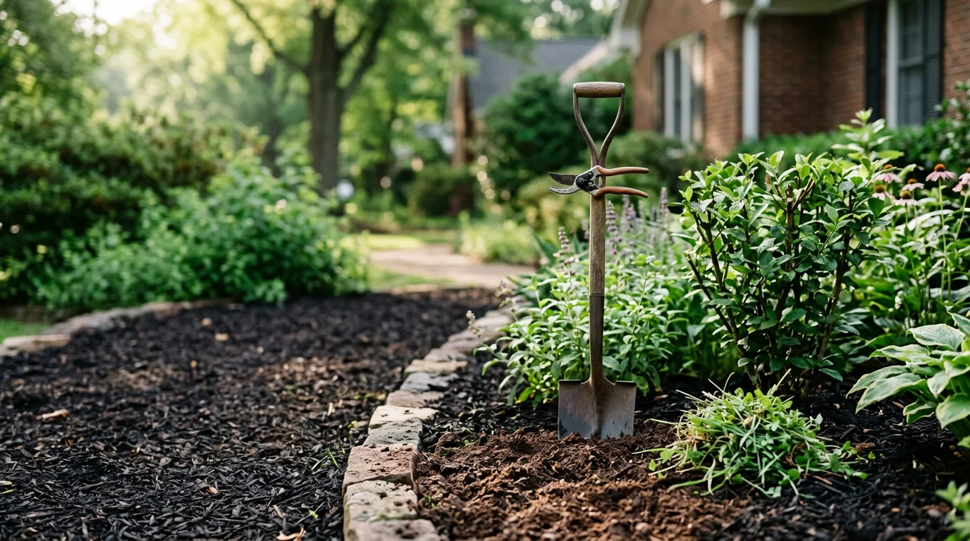 Freshly maintained residential flower bed along the front of a Greenville, SC home, with clean-cut edges, refreshed mulch, and healthy seasonal plantings. The bed runs along the home's foundation against a backdrop of Upstate South Carolina landscaping.