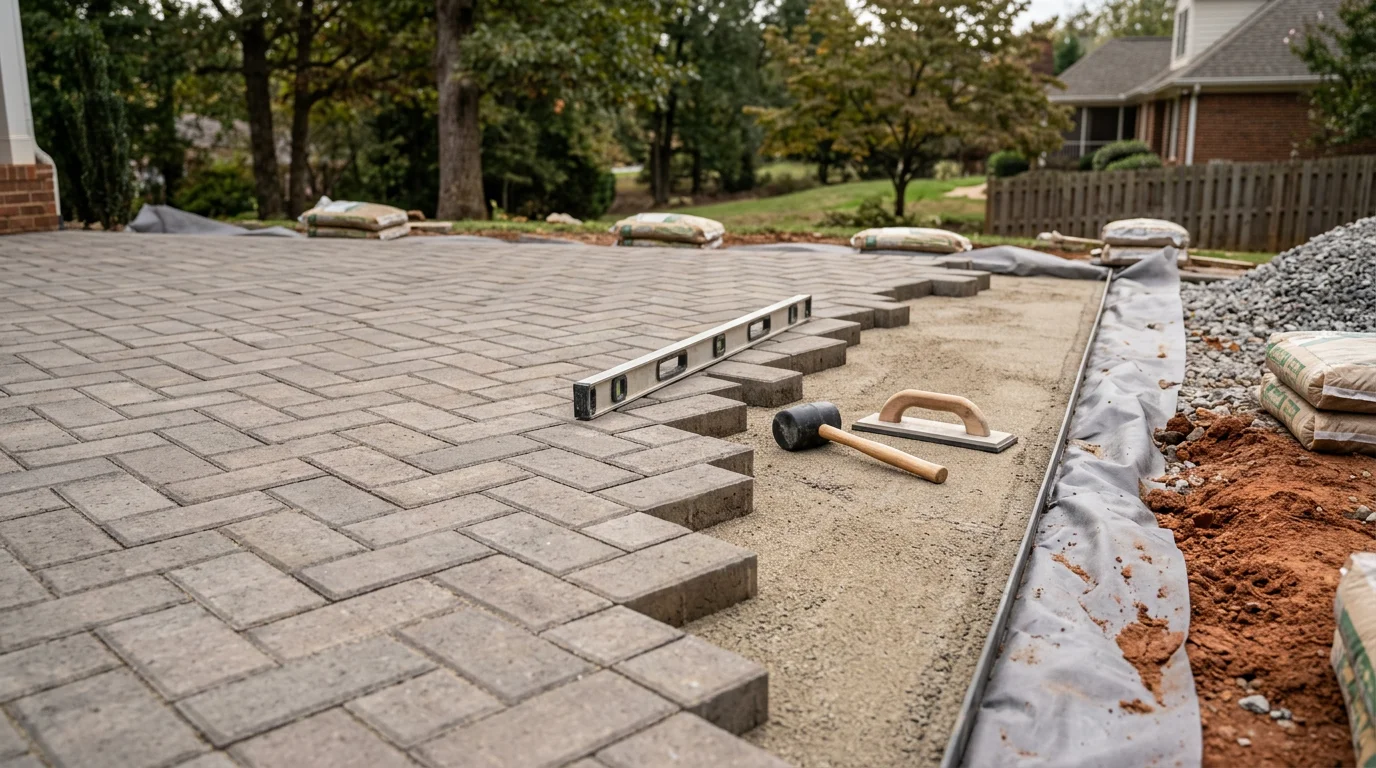 A finished backyard hardscape in Greenville, SC featuring a stone patio and walkway set into a sloped residential yard. Retaining walls define the grade change and connect the patio to the surrounding landscape.