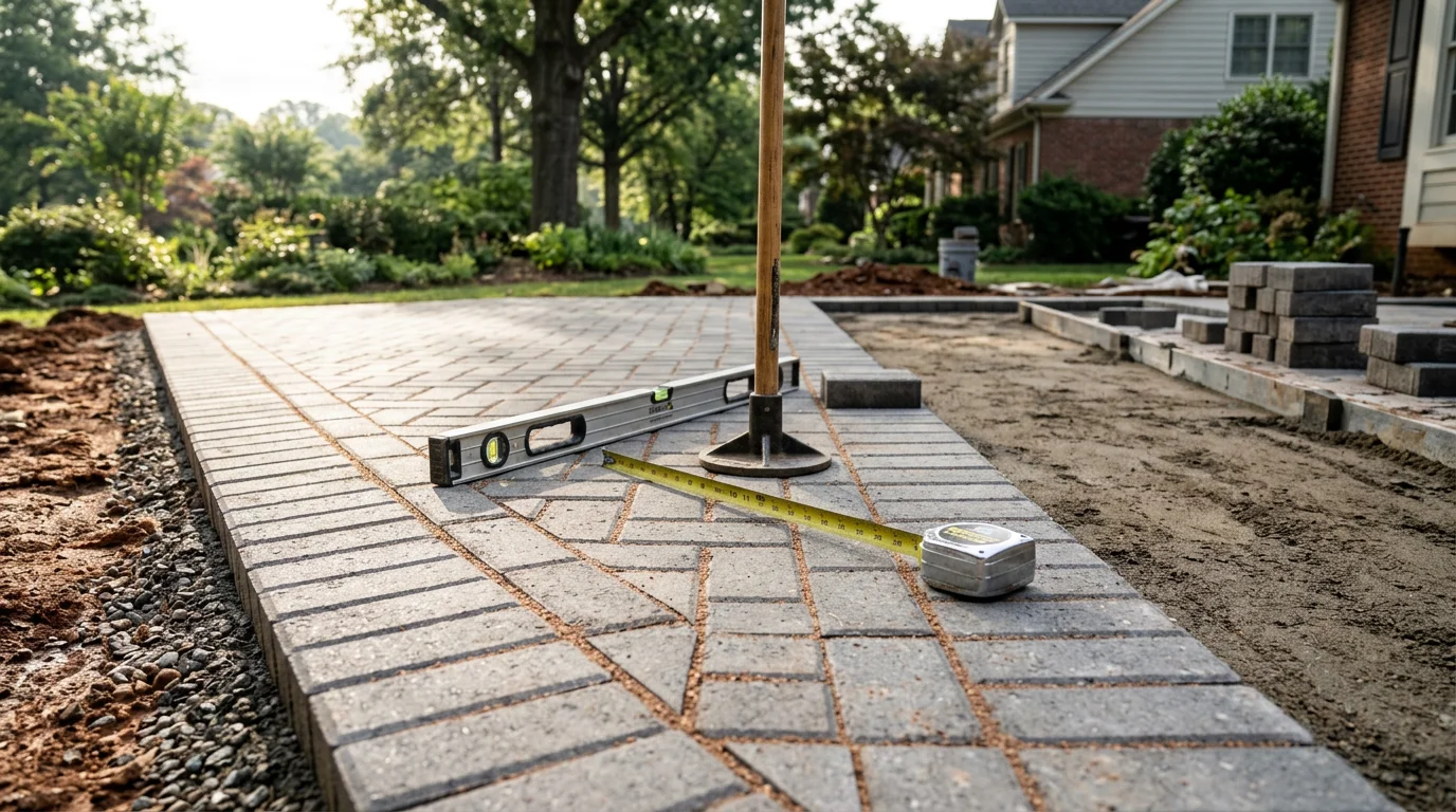 A completed hardscape patio with a connecting stone walkway installed in a residential backyard in Greenville, South Carolina. The patio surface sits level against a grassy lawn with a retaining wall visible along a sloped property edge.