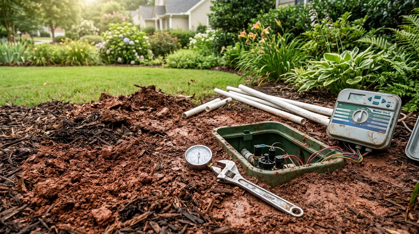 A landscaping technician inspecting a sprinkler head in a residential flower bed in Greenville, South Carolina. The surrounding lawn shows green turf alongside a planted garden border on a sunny Upstate SC property.