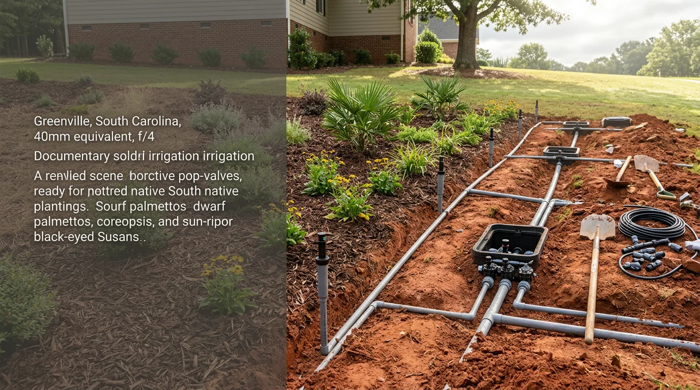 Freshly installed in-ground irrigation system with visible sprinkler heads set flush in a green lawn alongside a mulched flower bed in a Greenville, South Carolina residential yard. The surrounding landscape includes established plantings typical of Upstate South Carolina properties.