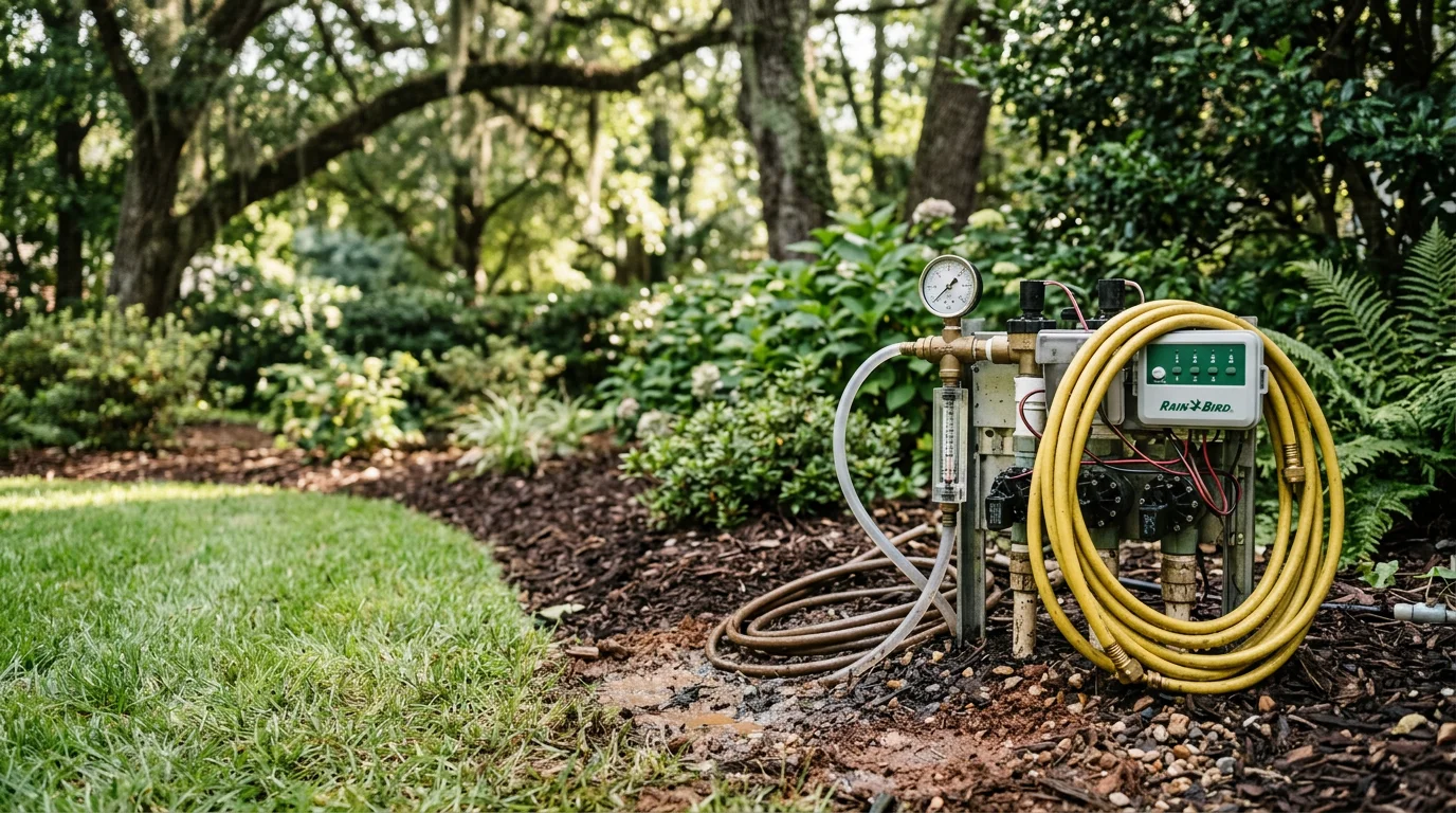 A landscaping technician inspecting and adjusting a sprinkler head in a well-maintained residential yard in Greenville, South Carolina. Green lawn and planted flower beds are visible in the background under bright summer light.