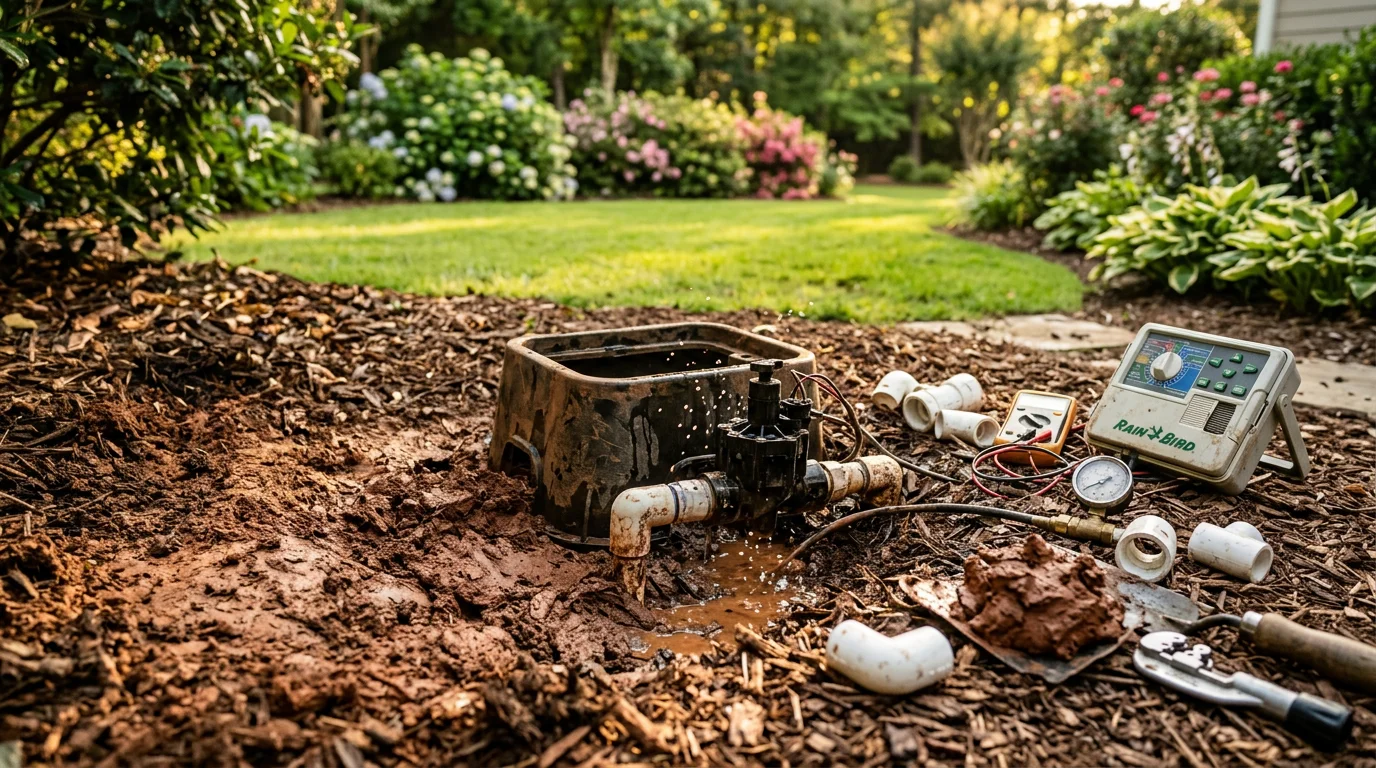 A landscaping technician inspecting a misaligned sprinkler head in a residential flower bed in Greenville, South Carolina. The surrounding lawn shows a mix of green turf and mulched planting areas typical of Upstate SC properties.