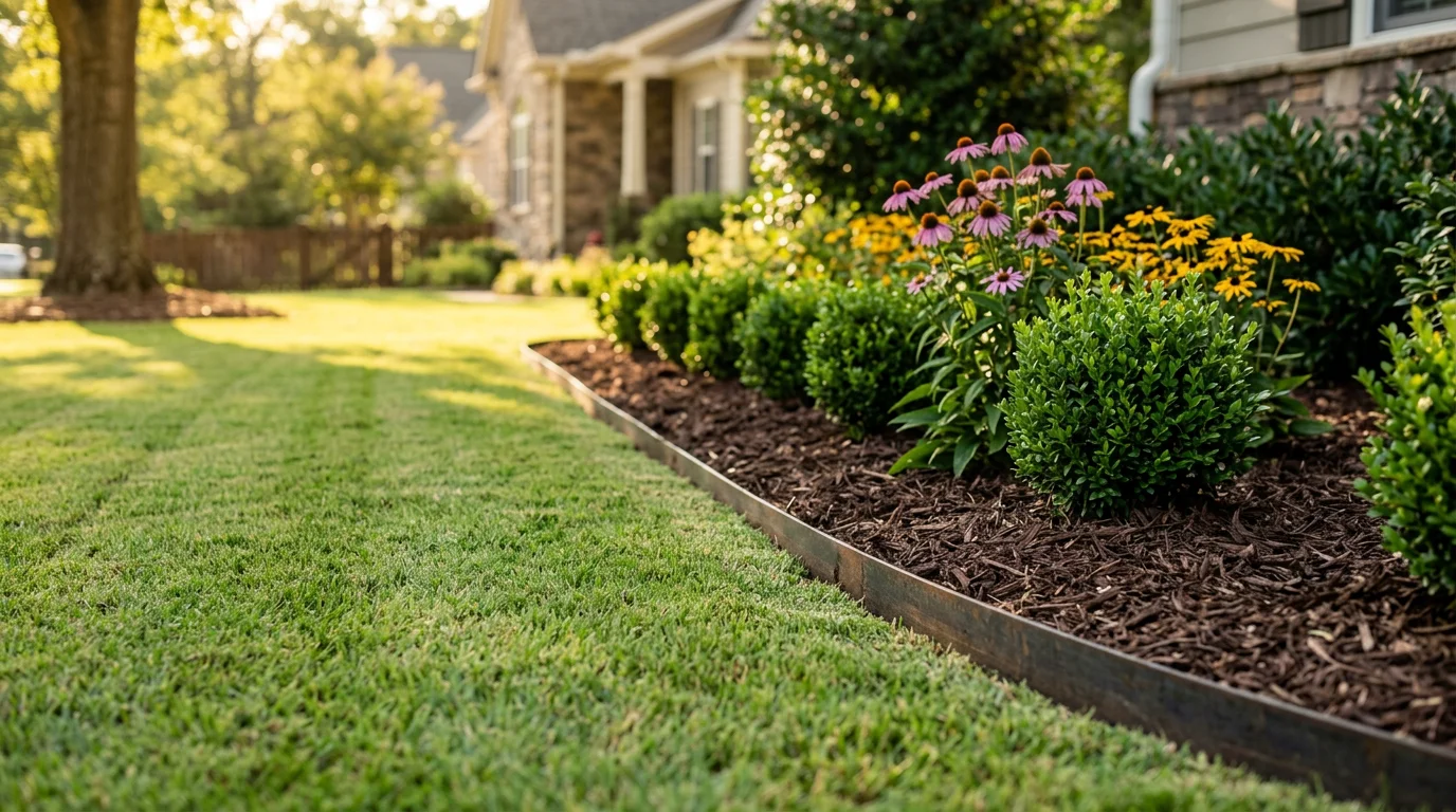 A neatly maintained residential lawn in Greenville, SC with clean mow lines, trimmed shrub borders, and defined bed edges. A landscaper from Felicity's Flowers tends to the property on a bright summer day.