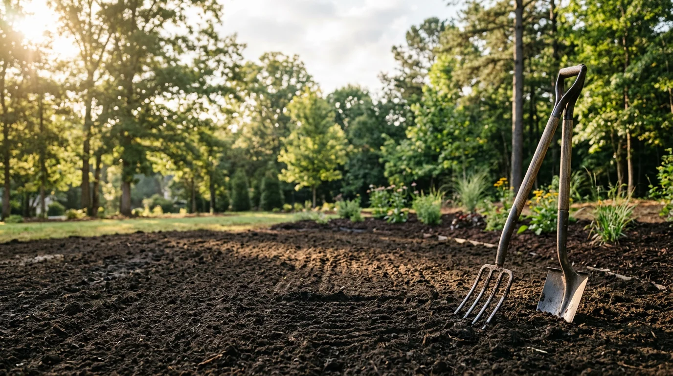 Freshly renovated front yard flower beds at a residential property in Greenville, South Carolina, featuring layered plantings and clean bed edges. The renovated landscape shows structured planting areas with seasonal color suited to the Upstate South Carolina climate.