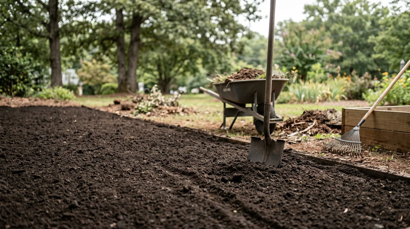 A freshly prepared landscape flower bed in Greenville, SC, with clean-edged borders, cleared soil, and defined bed lines ready for mulch. A residential property in the Upstate South Carolina area with reshaped planting beds showing smooth, weed-free soil before mulch installation.