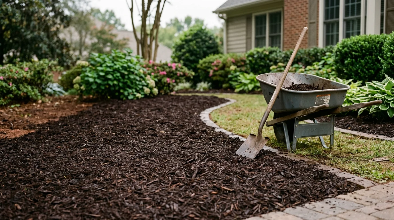 Fresh mulch delivered and staged in a residential driveway in Greenville, South Carolina, ready to be spread across surrounding flower beds and landscape borders. Red clay soil is visible at the edges of the beds, showing the Upstate property's typical soil conditions.