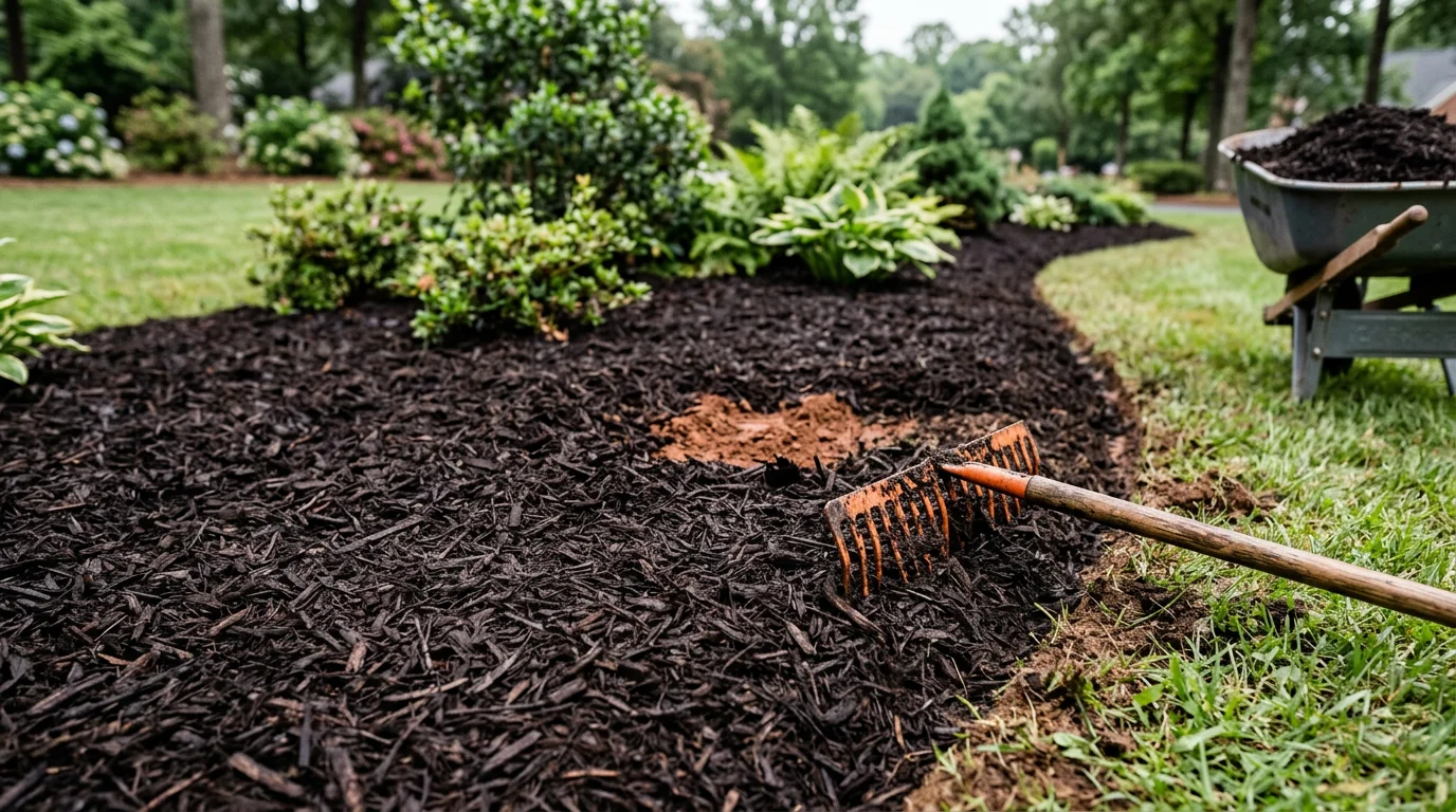 Freshly installed dark mulch covering a flower bed in a Greenville, SC residential yard, with clean edges and healthy plants surrounded by even mulch coverage.