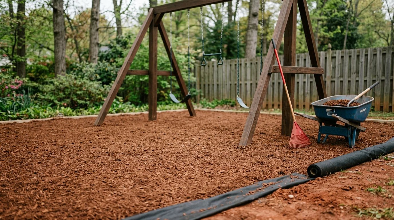 Freshly installed playground safety mulch spread evenly under a residential play structure in Greenville, South Carolina. The mulch covers the full fall zone around the equipment with clean edging along the perimeter.