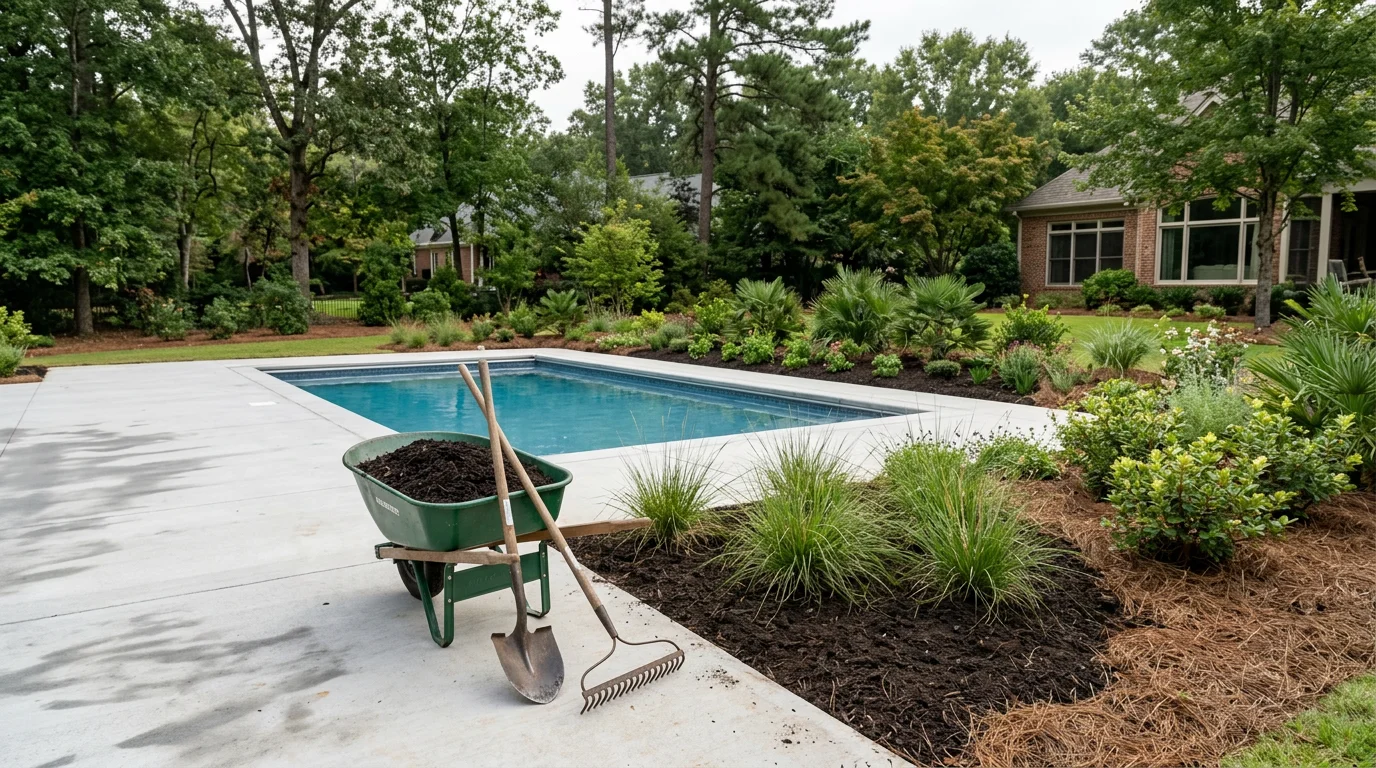 A finished pool surround in a Greenville, SC backyard with layered plantings, clean bed edges, and low-debris greenery framing the pool perimeter. The landscaping creates natural privacy screening while keeping the pool deck clear and usable.