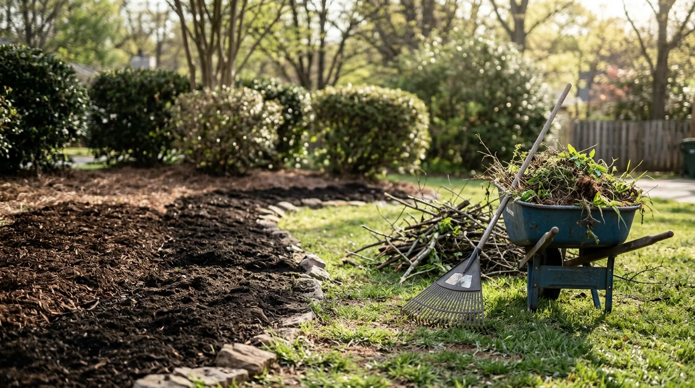 A Greenville, SC residential yard after property cleanup and preparation, showing cleared flower beds, trimmed shrubs, and debris-free lawn edges ready for landscaping. Clean turf and open planting areas reflect a property prepared for the next phase of landscape work.