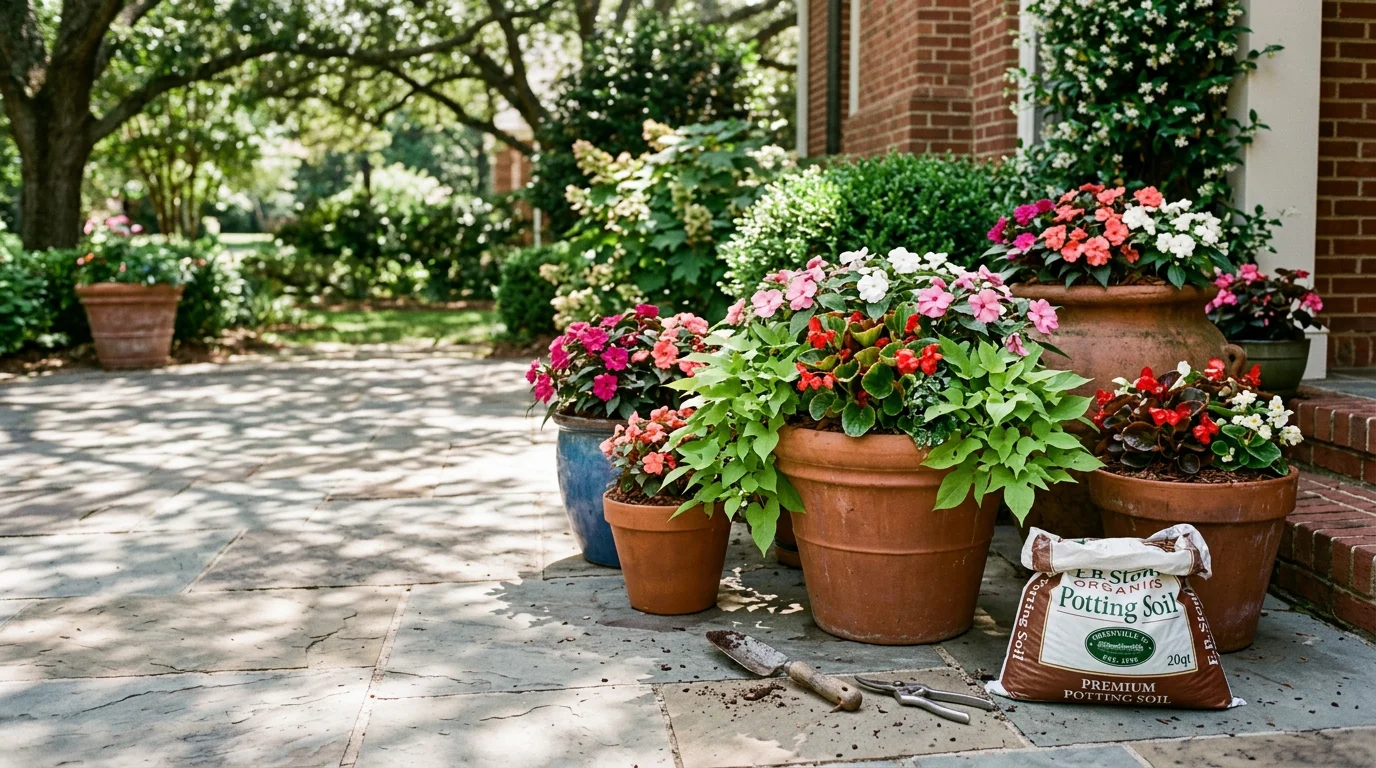 Professionally installed seasonal planters flanking the front entry of a Greenville, SC home, filled with colorful warm-season annuals suited to the Upstate's humid subtropical climate. Containers are arranged symmetrically on a covered porch with lush, full plantings at peak color.