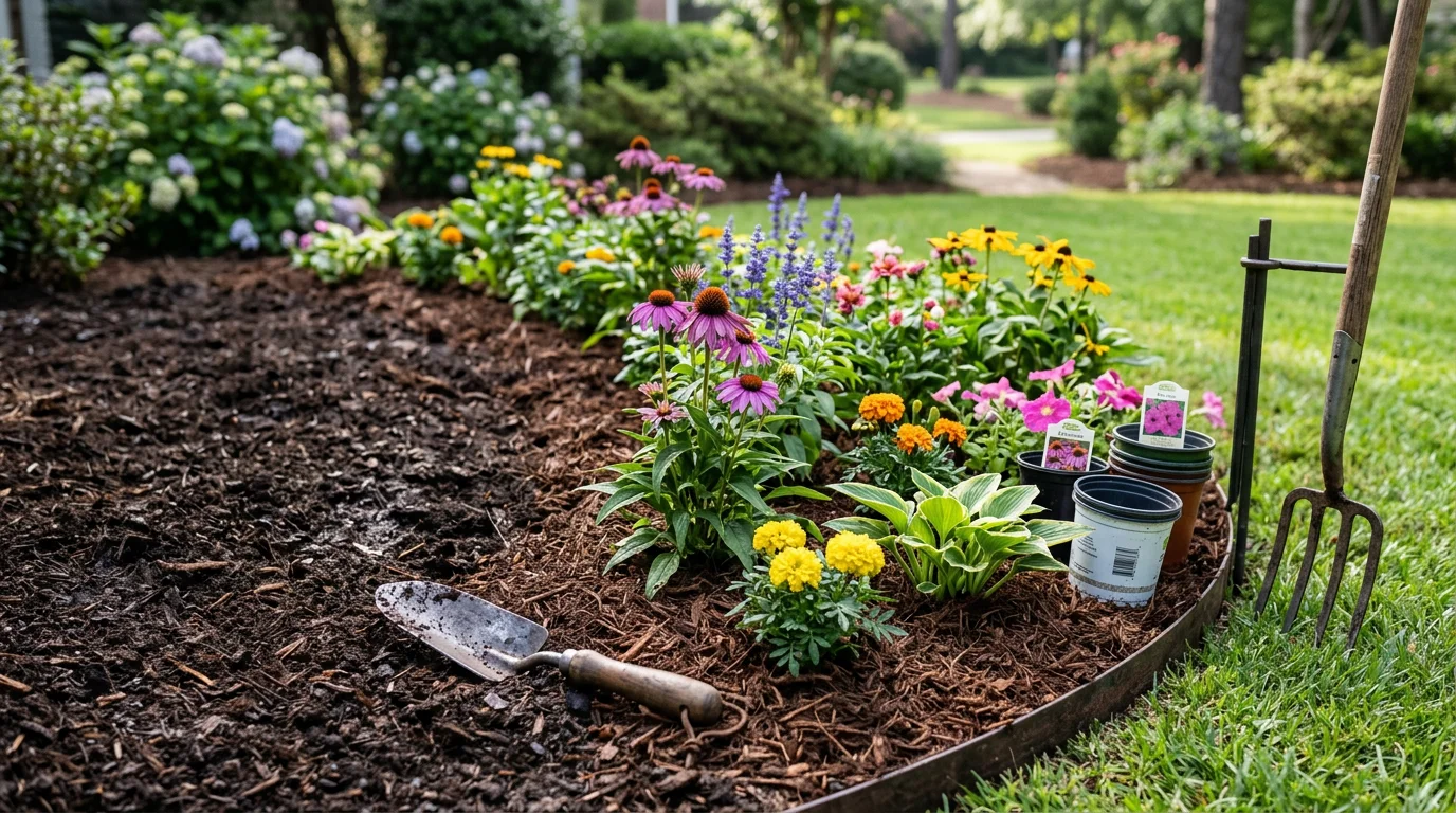 A freshly planted seasonal flower bed in a Greenville, SC residential front yard, showing rows of colorful annuals and perennials installed against a home's foundation. Mulched soil and neatly edged borders reflect a completed turn-key planting installation.