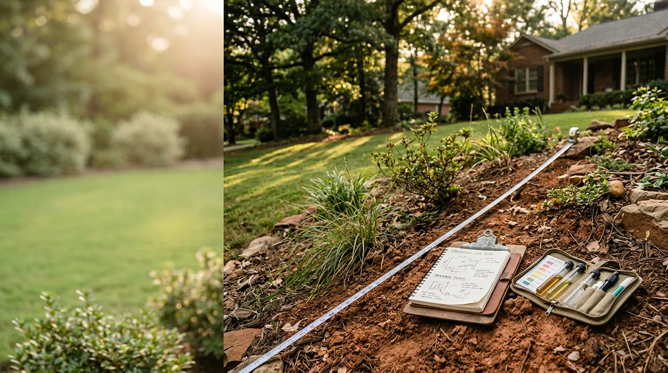 A landscape designer walking a residential backyard in Greenville, South Carolina, reviewing slope and plant placement during an on-site consultation. The yard shows existing lawn areas and open beds ready for a turn-key landscape plan.