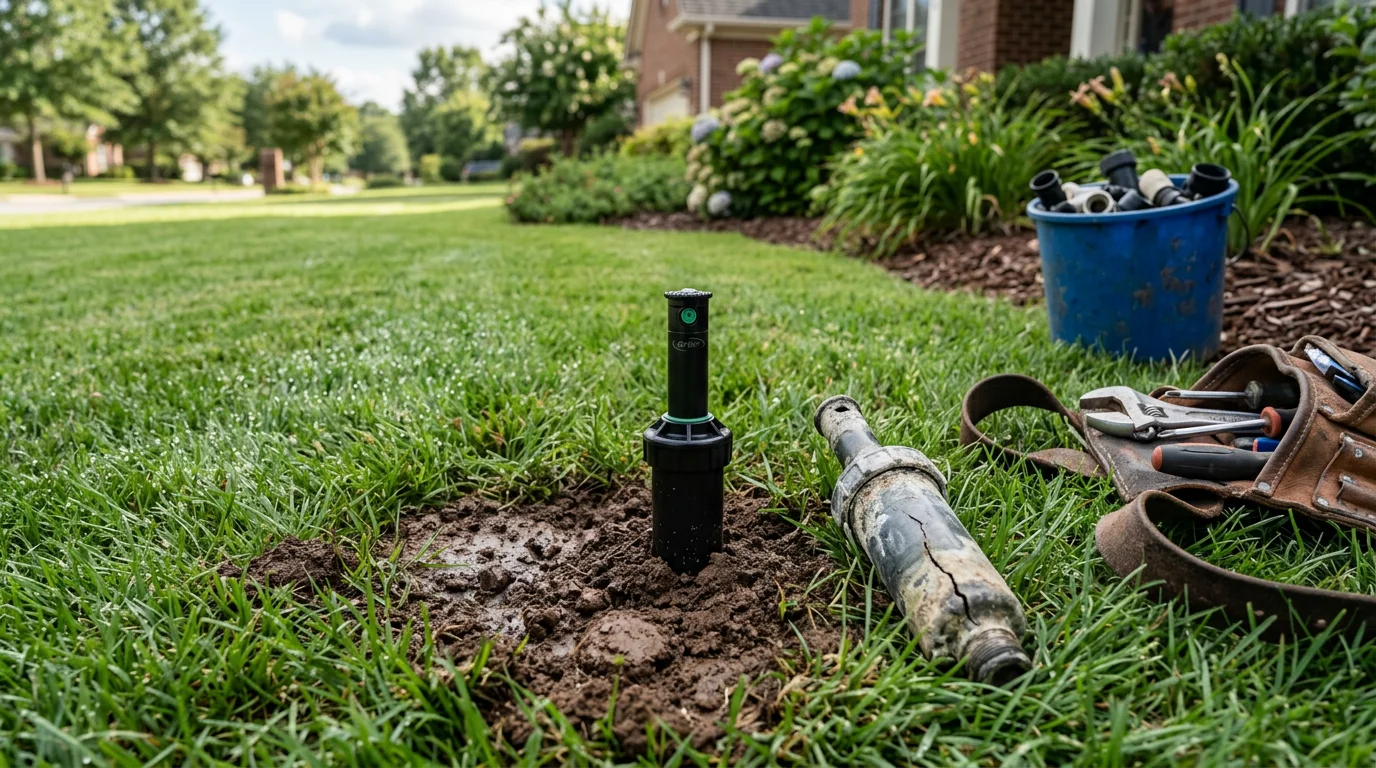 A freshly replaced sprinkler head flush with a green Greenville lawn, spraying a clean arc of water across a well-maintained turf and flower bed border. A landscape technician adjusts the head angle to correct coverage after installation.