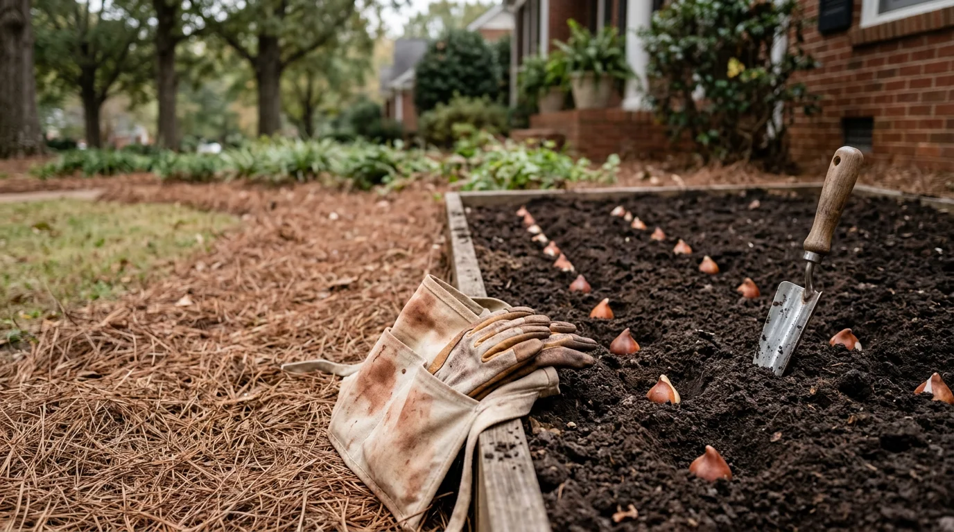 Freshly installed tulip flower bed in front of a residential home in Greenville, South Carolina, with bulbs planted in rows across well-prepared soil. A landscaper from Felicity's Flowers Landscape Design and Installation works along the bed edge in an Upstate SC neighborhood setting.